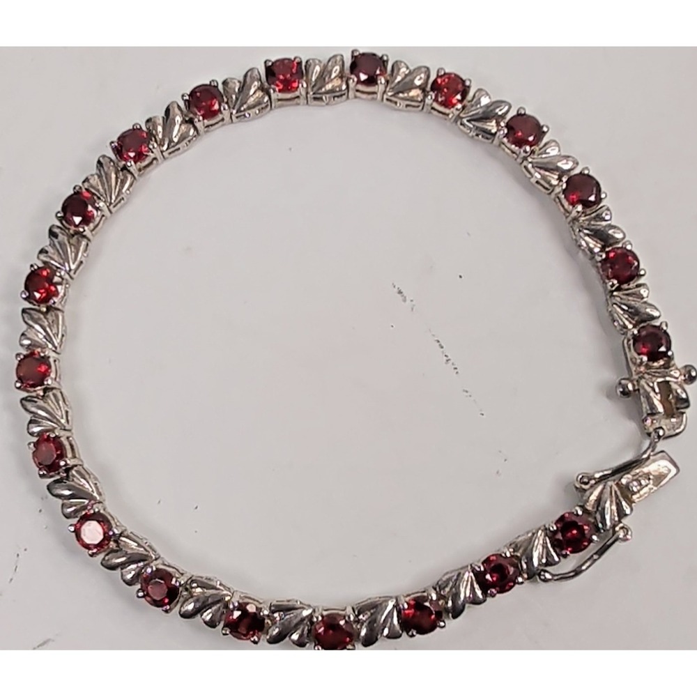 KC 925 Sterling Silver Red Garnet Leaf Link Tennis Bracelet 6.5"